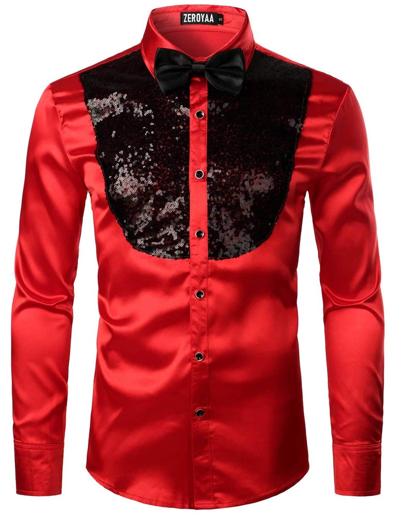 ZEROYAA Men's Shiny Sequins Design Silk Like Satin Button Up Disco Party Dress Shirts with Bow Tie ZLCL22-Red Black Medium - Image 1